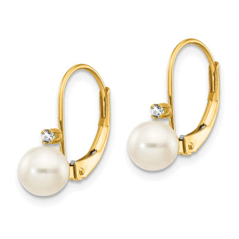 14k 5-6mm White Round FW Cultured Pearl AA Diamond Leverback Earrings - Birthstone Company