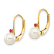 14k 5-5.5mm White Round FW Cultured Pearl Ruby Leverback Earrings - Birthstone Company