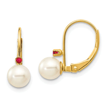 14k 5-5.5mm White Round FW Cultured Pearl Ruby Leverback Earrings