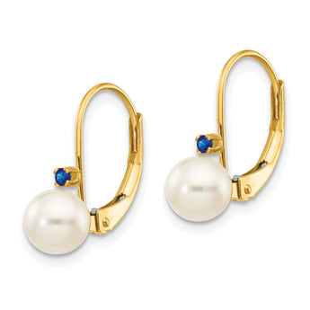 14k 5-5.5mm White Round FW Cultured Pearl Sapphire Leverback Earrings - Birthstone Company