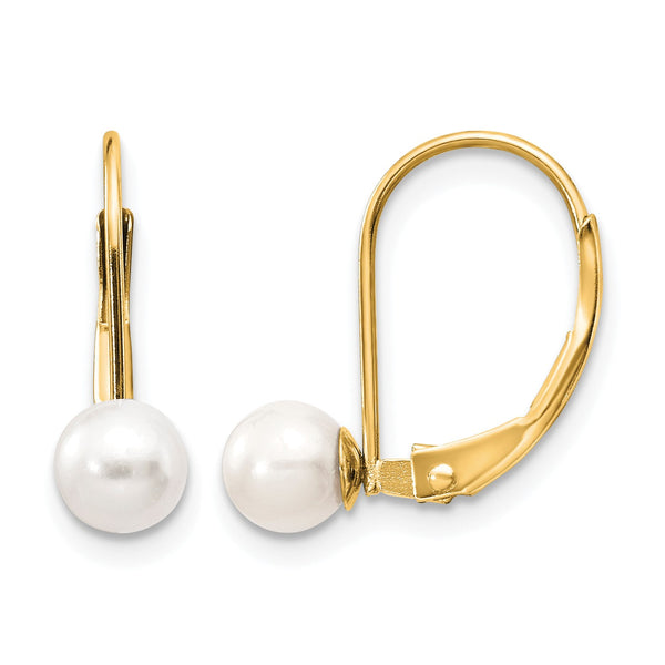14k 5-6mm White Round Freshwater Cultured Pearl Leverback Earrings - Birthstone Company