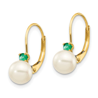 14k 6-6.5mm White Round FW Cultured Pearl Emerald Leverback Earrings - Birthstone Company