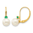 14k 6-6.5mm White Round FW Cultured Pearl Emerald Leverback Earrings - Birthstone Company