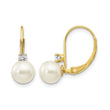 14k 6-7mm White Round FW Cultured Pearl AA Diamond Leverback Earrings - Birthstone Company