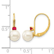 14k 6-6.5mm White Round FW Cultured Pearl Ruby Leverback Earrings - Birthstone Company