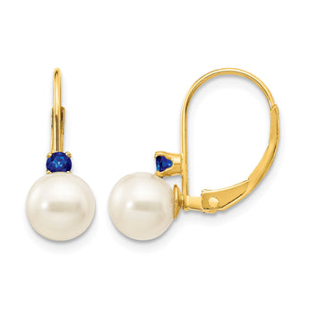 14k 6-6.5mm White Round FW Cultured Pearl Sapphire Leverback Earrings - Birthstone Company