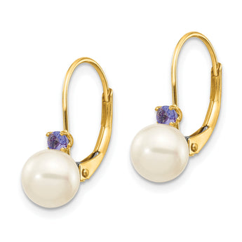 14k 6-6.5mm White Round FW Cultured Pearl Tanzanite Leverback Earrings - Birthstone Company