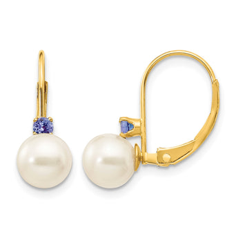 14k 6-6.5mm White Round FW Cultured Pearl Tanzanite Leverback Earrings - Birthstone Company