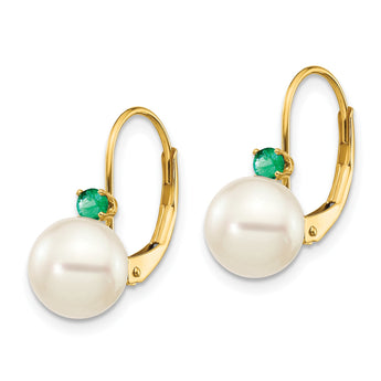 14k 7-7.5mm White Round FW Cultured Pearl Emerald Leverback Earrings - Birthstone Company