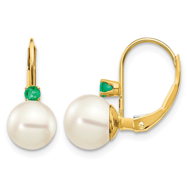 14k 7-7.5mm White Round FW Cultured Pearl Emerald Leverback Earrings - Birthstone Company