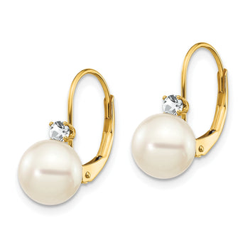 14k 7-8mm Whtie Round FW Cultured Pearl AA Diamond Leverback Earrings - Birthstone Company