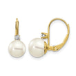 14k 7-8mm Whtie Round FW Cultured Pearl AA Diamond Leverback Earrings - Birthstone Company