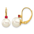 14k 7-7.5mm White Round FW Cultured Pearl Ruby Leverback Earrings - Birthstone Company