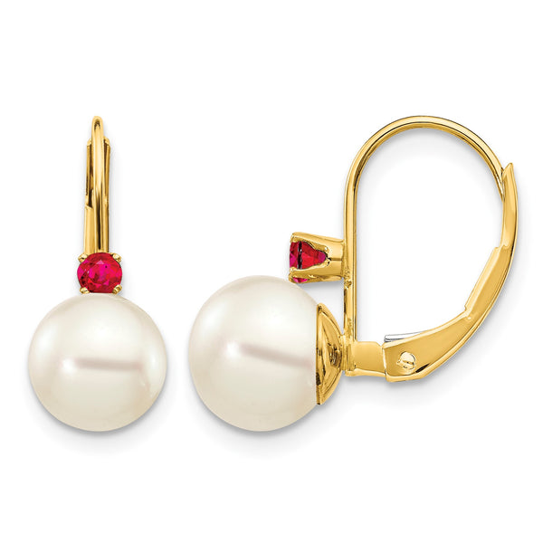 14k 7-7.5mm White Round FW Cultured Pearl Ruby Leverback Earrings - Birthstone Company