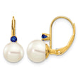 14k 7-7.5mm White Round FW Cultured Pearl Sapphire Leverback Earrings - Birthstone Company