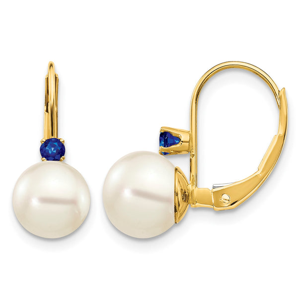 14k 7-7.5mm White Round FW Cultured Pearl Sapphire Leverback Earrings - Birthstone Company