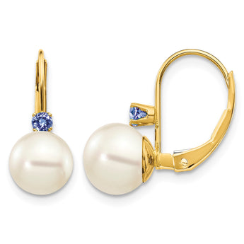 14k 7-7.5mm White Round FW Cultured Pearl Tanzanite Leverback Earrings - Birthstone Company