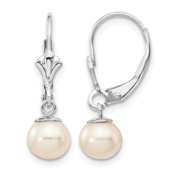 14k White Gold 6-7mm White Round Freshwater Cultured Pearl Dangle Leverback Earrings - Birthstone Company