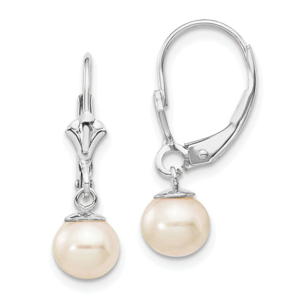 14k White Gold 6-7mm White Round Freshwater Cultured Pearl Dangle Leverback Earrings
