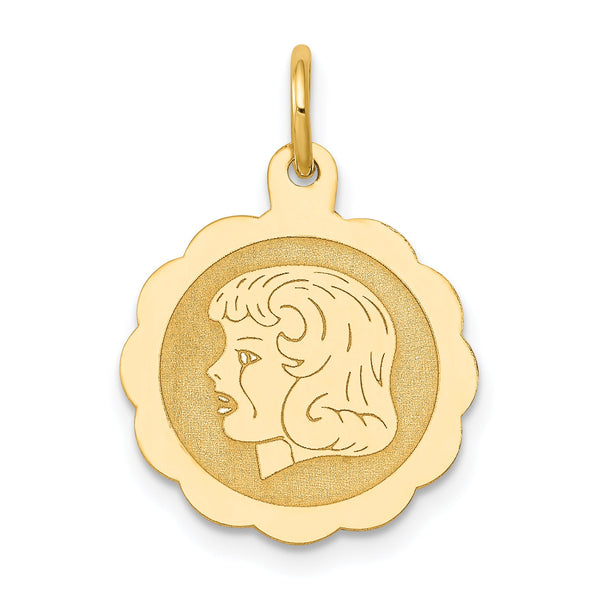 14k Girl Head on .013 Gauge Engravable Scalloped Disc Charm