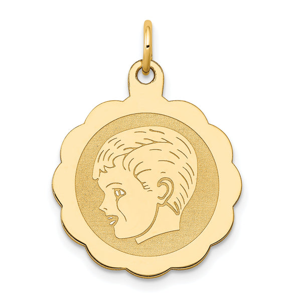 14k Boy Head on .013 Gauge Engravable Scalloped Disc Charm