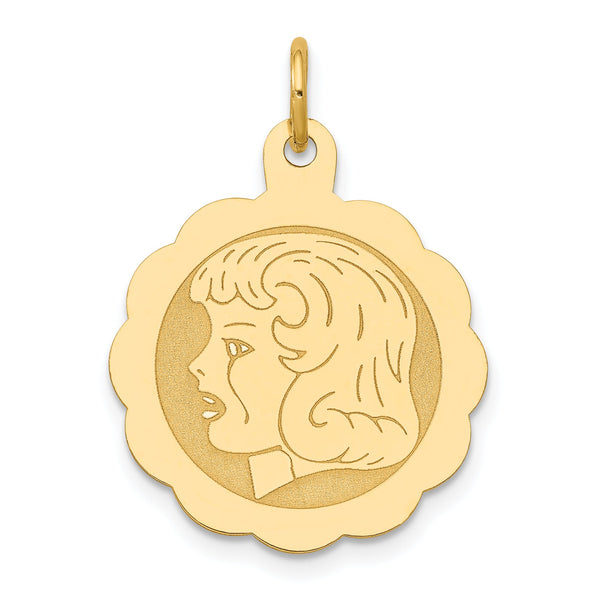 14k Girl Head on .013 Gauge Engravable Scalloped Disc Charm