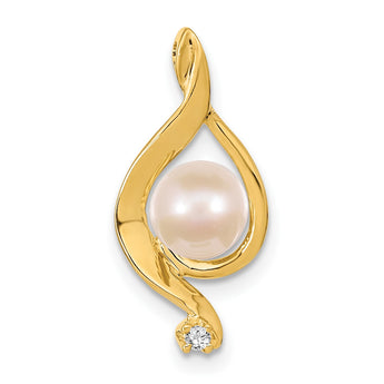 14K 5.5mm White Round Freshwater Cultured Pearl AA Diamond Pendant - Birthstone Company