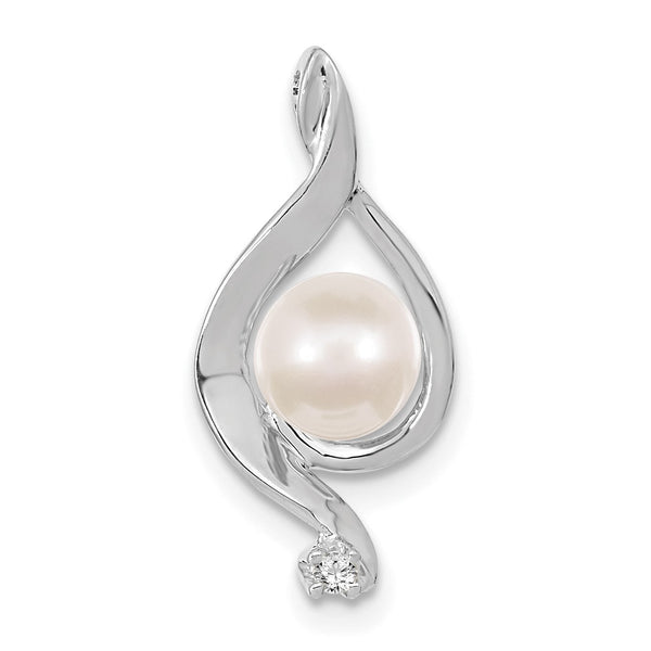 14k White Gold 5-6mm Near Round White Freshwater Cultured Pearl and AAA Diamond Chain Slide - Birthstone Company