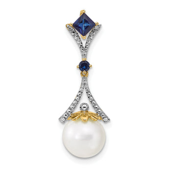 14K Diamond 8-9mm Round FWC Pearl/Created Sapphire Chain Slide - Birthstone Company