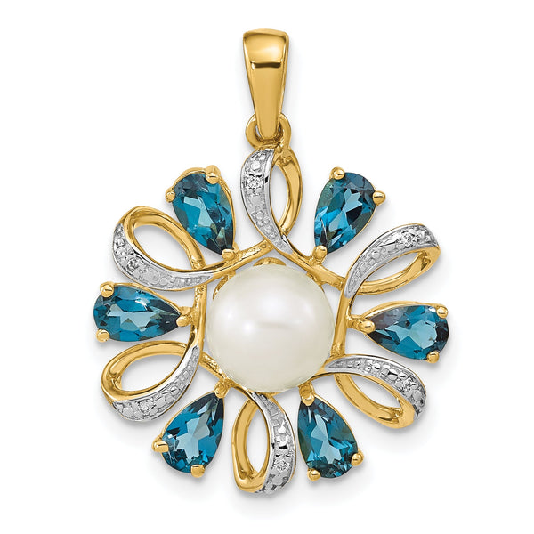14K Diamond and 6-7mm Button FWC Pearl/London Blue Topaz Pendant