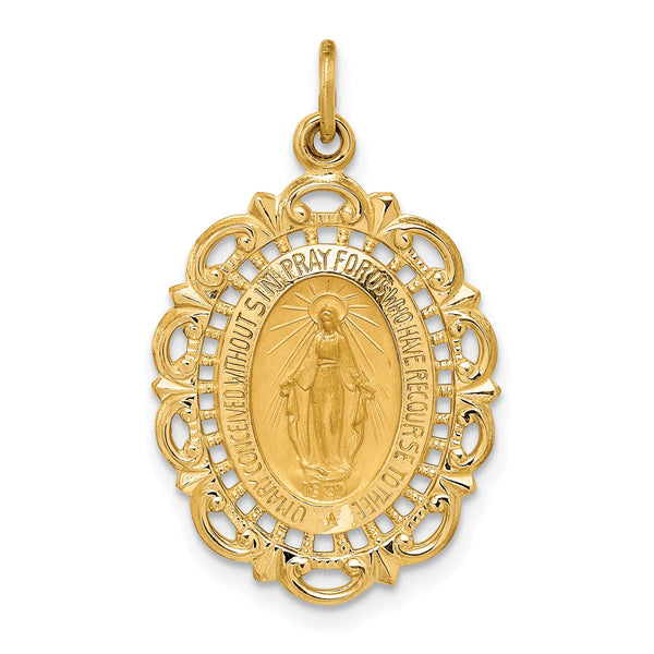 14K Solid Polished/Satin Fancy Pierced Oval Miraculous Medal