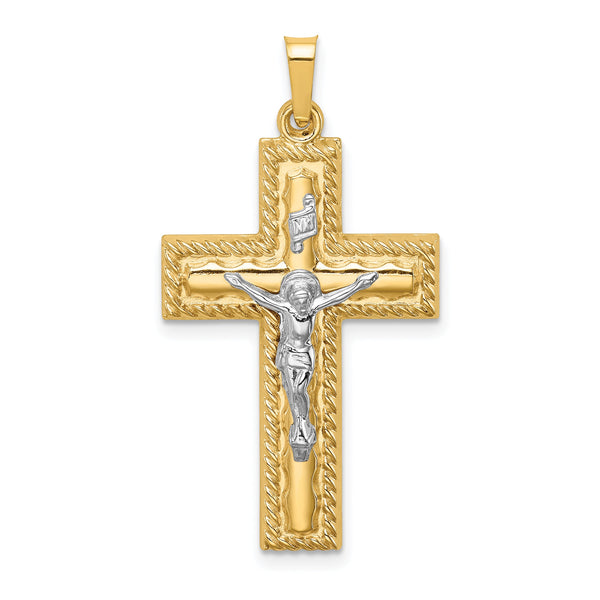 14k Two-tone Hollow Polished Rope Edge Latin Crucifix