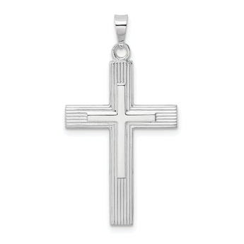 14k White Gold Polished Solid Striped Double Cross Pendant