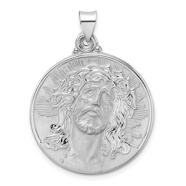 14k White Gold Polished and Satin Hollow Jesus Face Disc Pendant