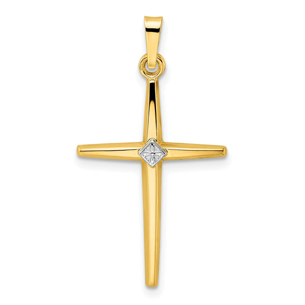 14k Two-tone Polished Solid Diamond Shape Center Cross Pendant