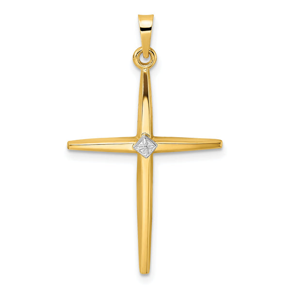 14k Two-tone Polished Solid Diamond Shape Center Cross Pendant