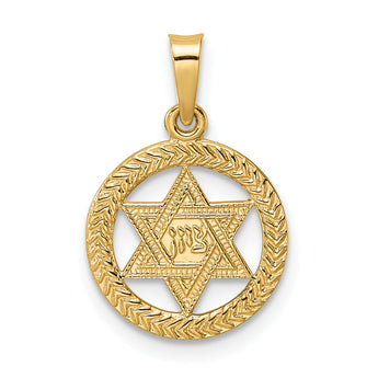 14k Polished and Textured Solid Star of David in Frame Pendant