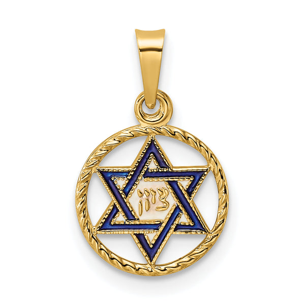 14k Polished Solid Enameled Star of David in Frame Pendant