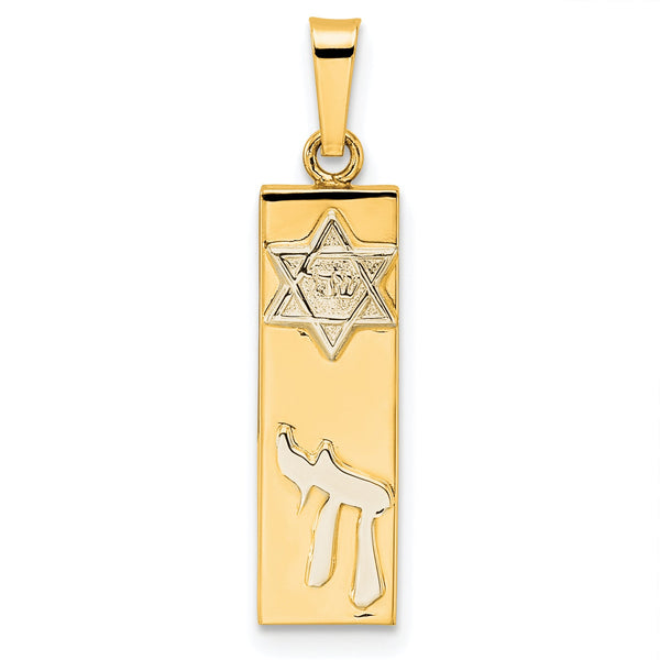 14k Two-tone Polished Hollow Mezuzah w/Star of David and Chai Pendant