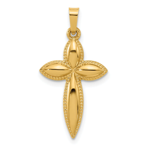 14k Polished and Beaded Hollow Edge Passion Cross Pendant