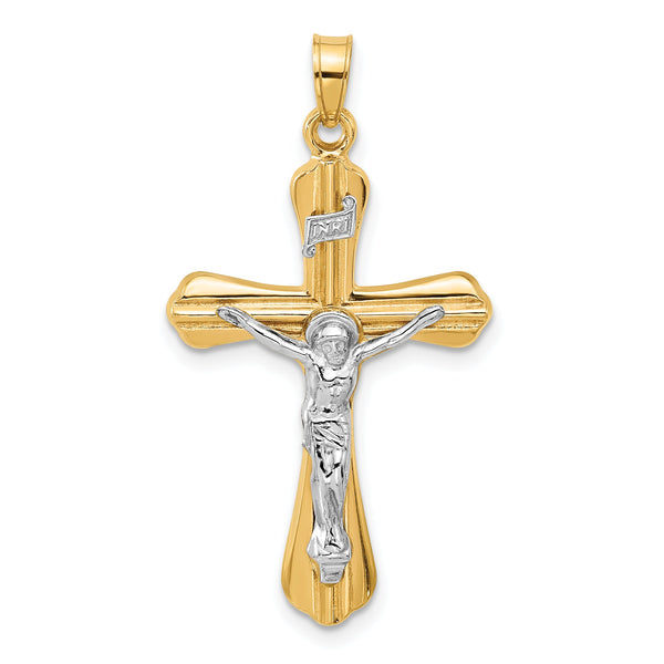 14k Two-Tone Grooved Hollow INRI Crucifix Pendent