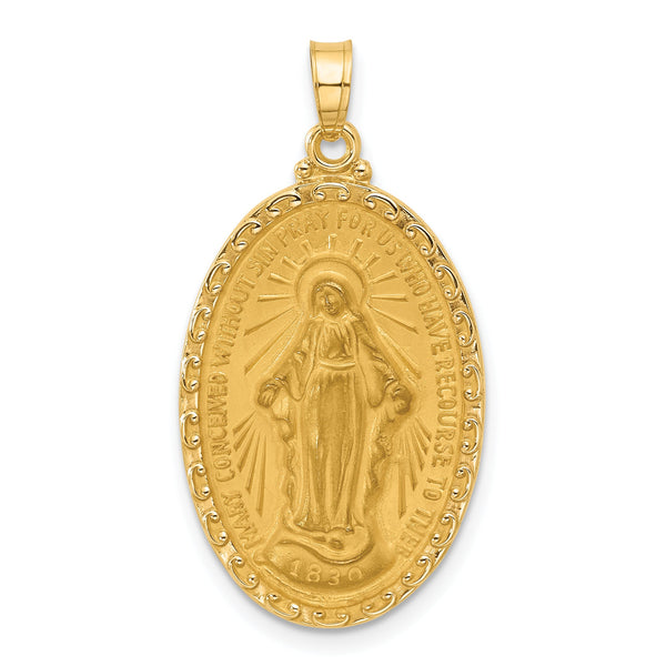 14k Satin and Polished Miraculous Medal Solid Oval Pendant