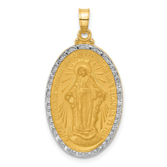14K with Rhodium Satin and Polished Miraculous Medal Solid Oval Pendant