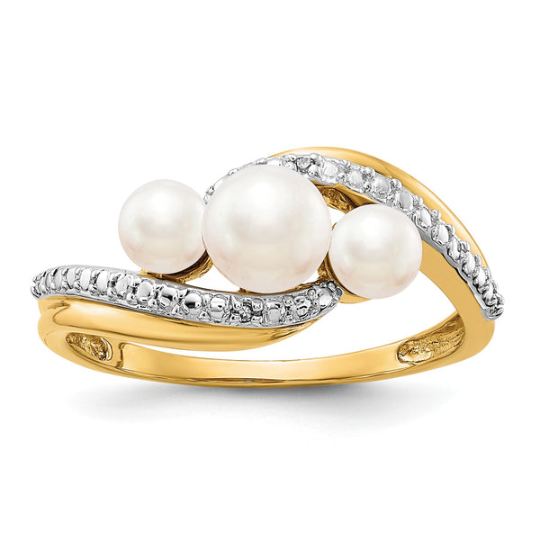 14k Diamond and FW Cultured 3-Pearl Bypass Ring, Size 7 - Birthstone Company