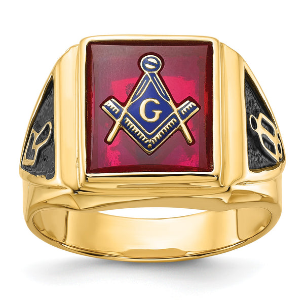 14k Men's Polished and Textured with Black Enamel and Lab Created Ruby Masonic Ring, Size 10 - Birthstone Company