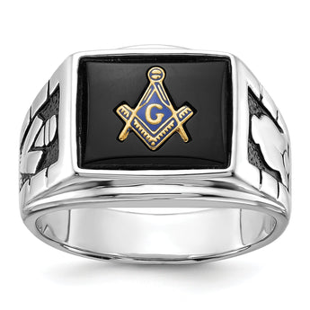 Men's Enamel and Onyx Masonic Ring in 14K White Gold, 5mm, Size 10