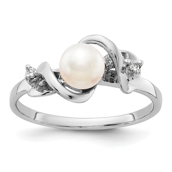 14k White Gold 5.5mm FW Cultured Pearl AA Diamond ring, Size 6 - Birthstone Company