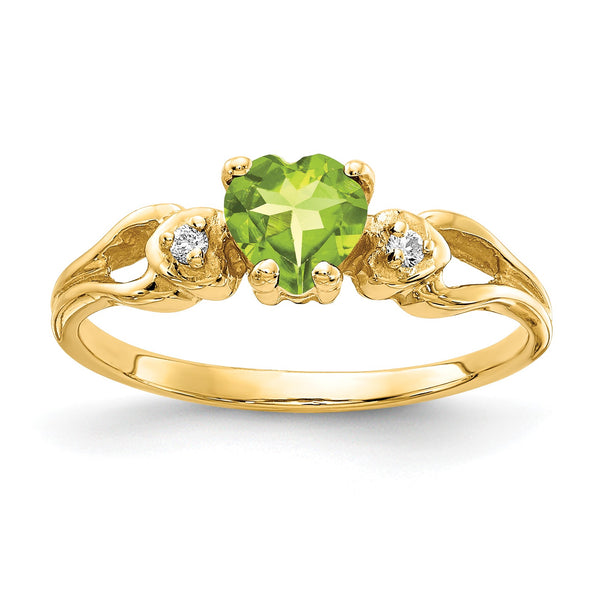 14k 5mm Heart Peridot AA Diamond ring, Size 6 - Birthstone Company