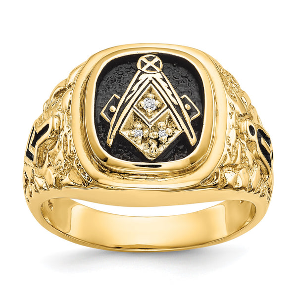 14k Polished, Antiqued and Nugget Texture A Quality Diamond Masonic Ring, Size 10 - Birthstone Company