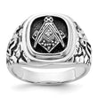 14k White Gold Men's Polished Antiqued and Textured with Black Enamel and AAA Quality Diamonds Masonic Ring, Size 10 - Birthstone Company